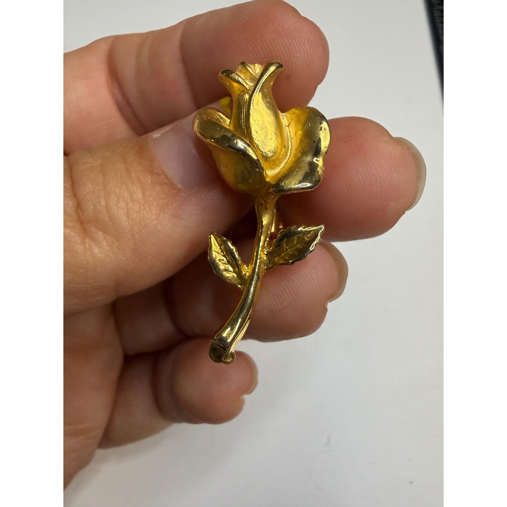 Vintage Gold Tone Rose Brooch Long Stem Floral Pin Taiwan Marked Accessory